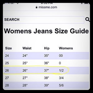 Miss me sizing chart